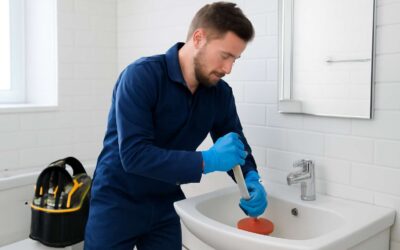 Drain-saving hero: plumber with plunger tackles your toughest clog.